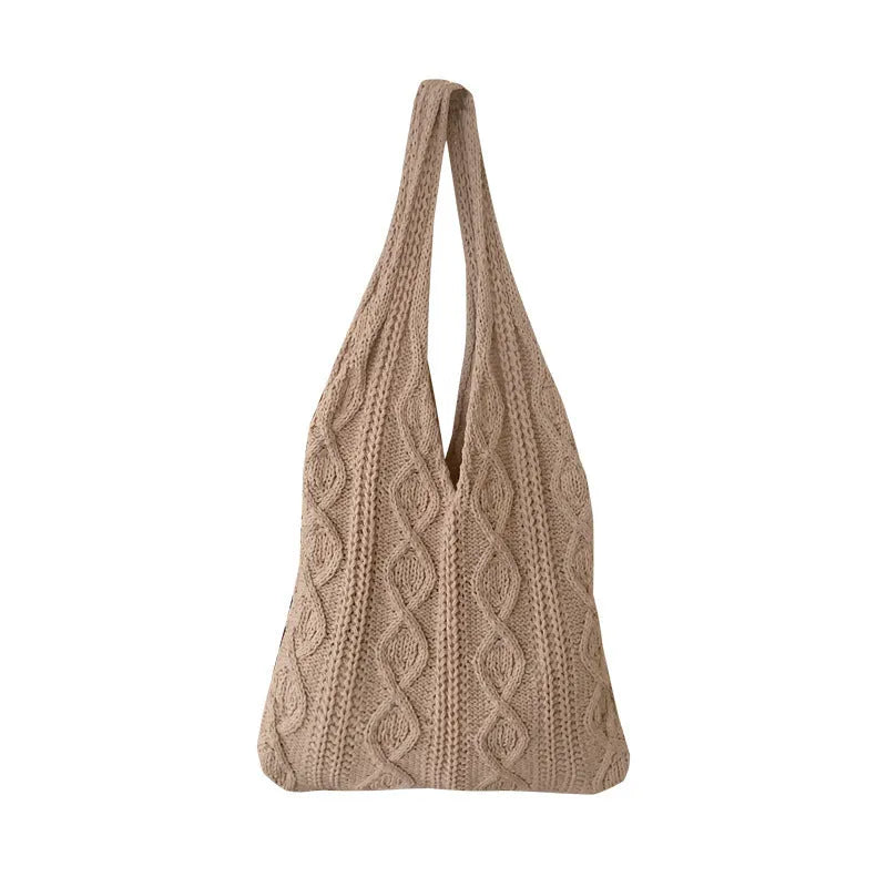 Women's retro style hollow knitted polyester tote bag in a solid colour, showing large open top and textured yarn material.