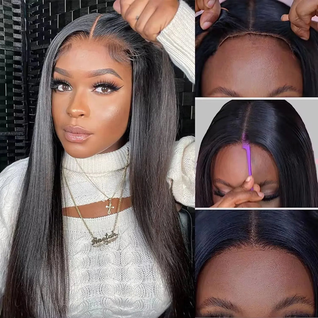 A woman wearing a long, straight black human hair glueless wig with side bangs.