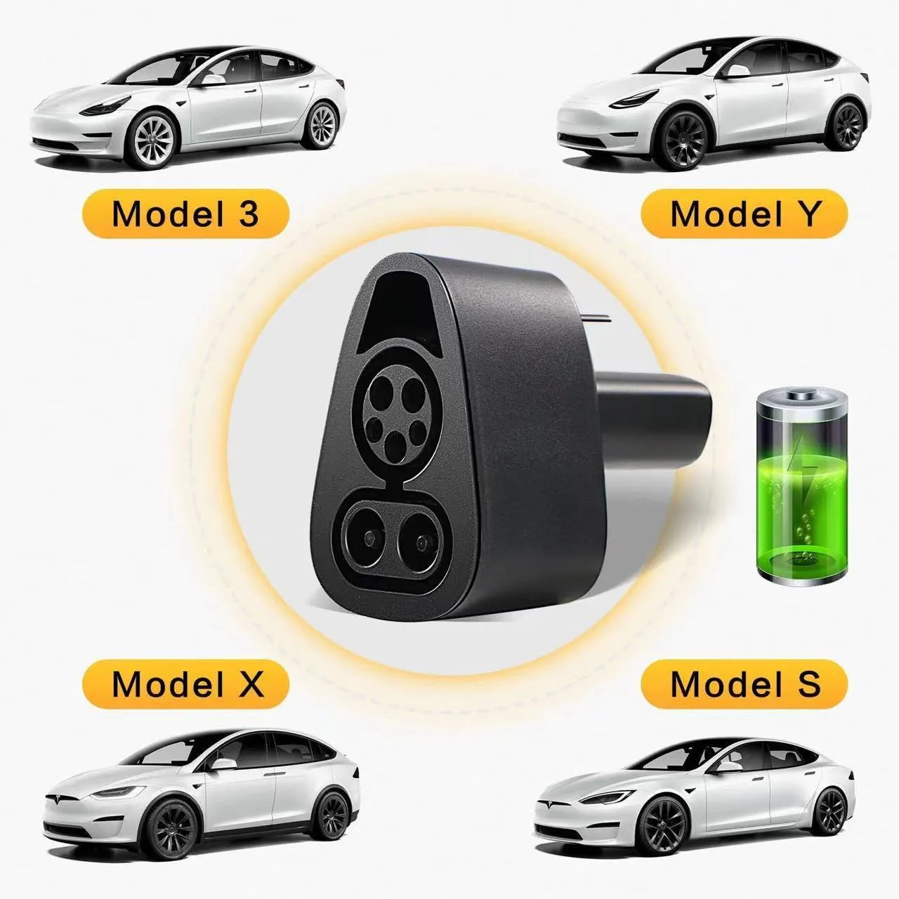 Black Tesla charging plug converter adapter for American standard EV charging points.