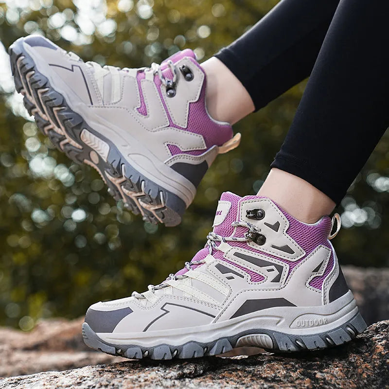 High-top outdoor hiking sneaker in multiple colours with flannel upper and lace-up front.