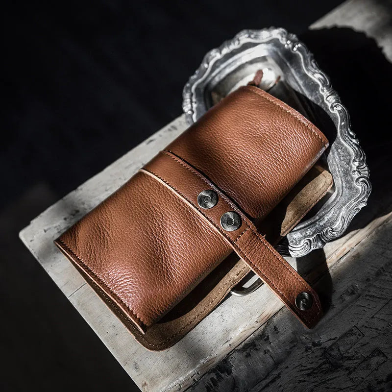 Handmade cow leather vintage wallet with tape extraction closure in black or dark brown