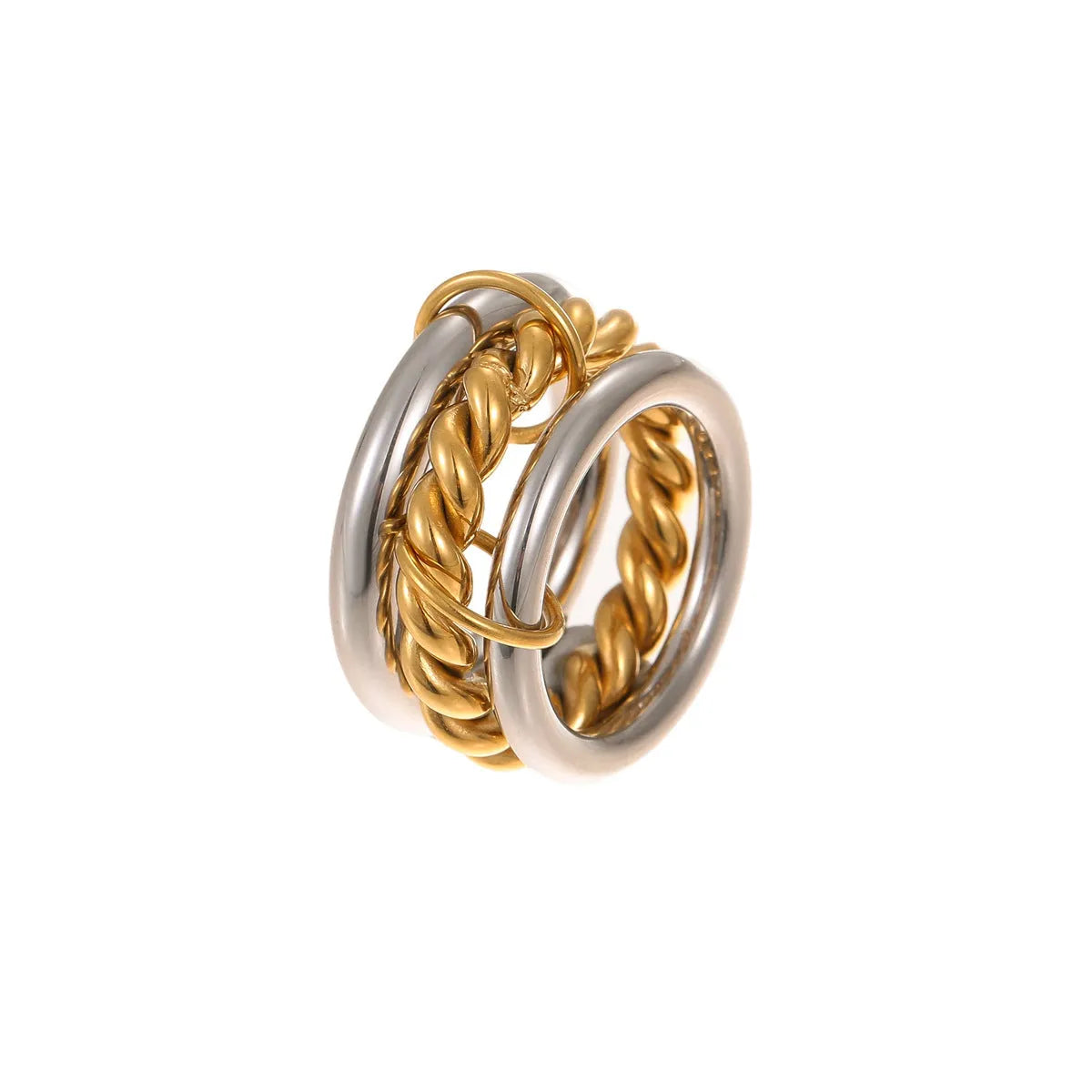 Gold plated stainless steel stacked ring set for women in an exaggerated design.
