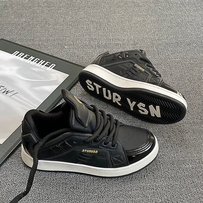 Men's black pu leather board shoes with thick rubber sole and lace-up front