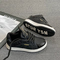 Men's black pu leather board shoes with thick rubber sole and lace-up front