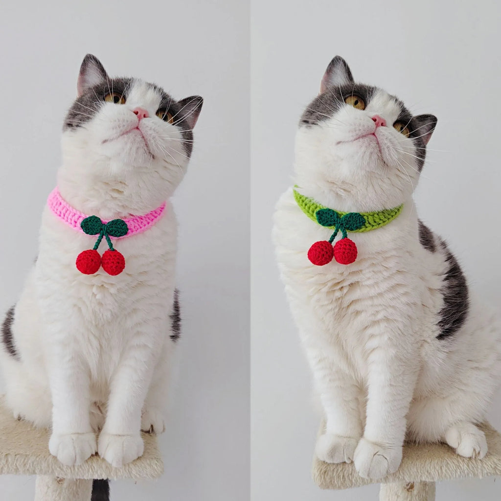 Handmade knitted cat collar in cotton thread with fruit pattern, free size 60cm, princess style