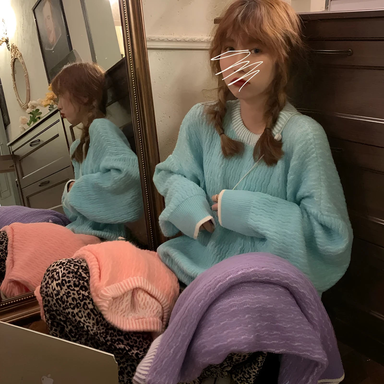 Women's loose retro pullover sweater in lake blue, purple, and pink solid colours with regular sleeves