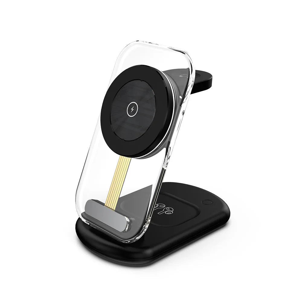 Transparent folding magnetic wireless charger showing internal components with QC3.0 fast charging support