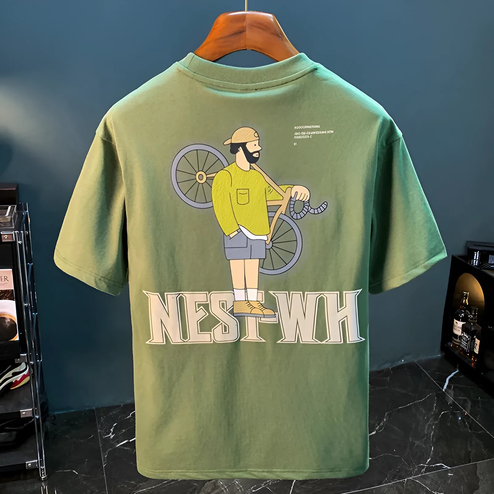 Green men's loose fit t-shirt with literary youth print, short sleeves, sizes M to 4XL