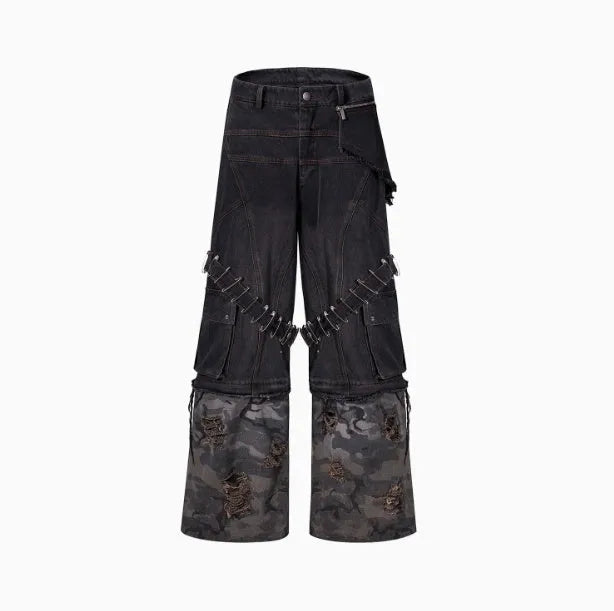 Men's grey cotton jeans with camouflage pattern splicing and pin ribbon details on legs