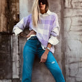 Lilac plaid print loose sweater with ribbed trim and long sleeves