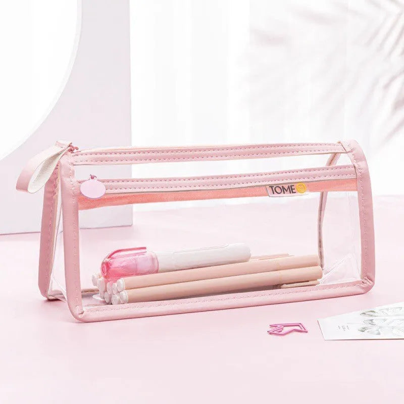 Double-layer transparent pencil case in beige, showing two separate compartments zipped open, with dimensions 220x110x80mm.
