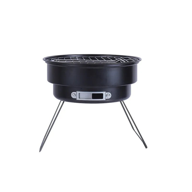 Small folding round ice stove with barbecue grill and components for outdoor cooking