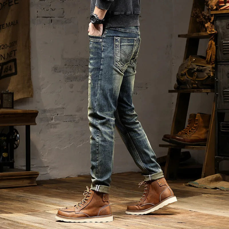 Men's retro colour stretch jeans in skinny fit with zip fly