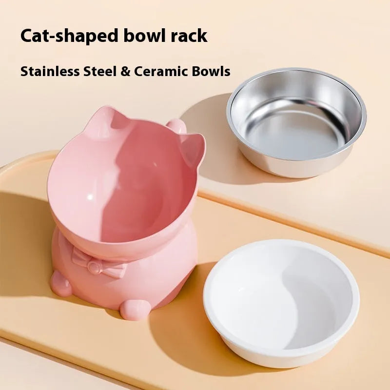 Stainless steel oblique anti-fall cat bowl in black, blue, pink or yellow colours