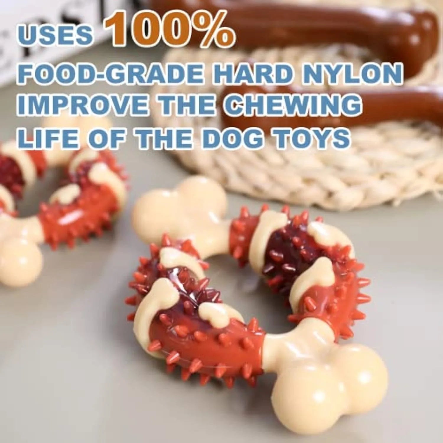 Natural rubber bone-shaped dog teeth grinding toy shown in two sizes for oral health and anxiety relief