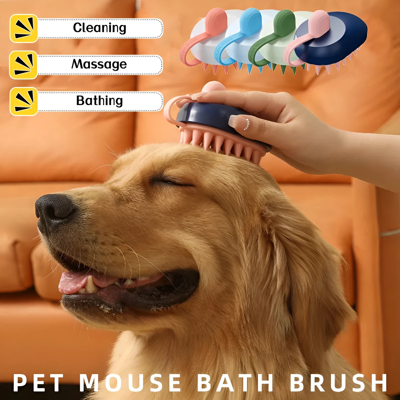 Handheld silicone pet hair remover and shampoo brush for dogs in four colour options