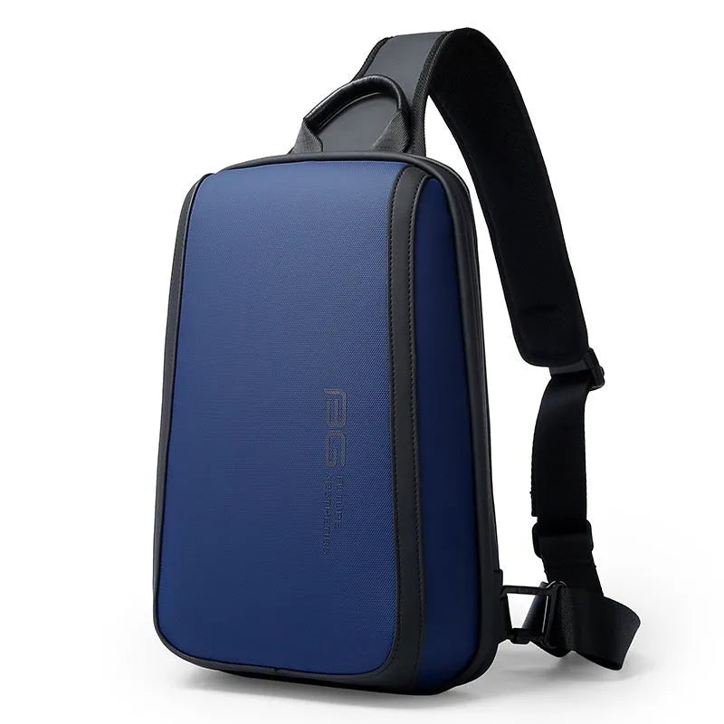 Blue Oxford cloth men's chest bag with double shoulder strap, showing soft handle and 33cm by 21cm by 10cm size.