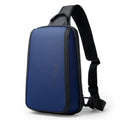 Blue Oxford cloth men's chest bag with double shoulder strap, showing soft handle and 33cm by 21cm by 10cm size.