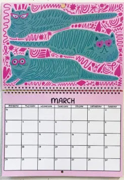 Cat themed yearly wall calendar for 2024 or 2025 on paper