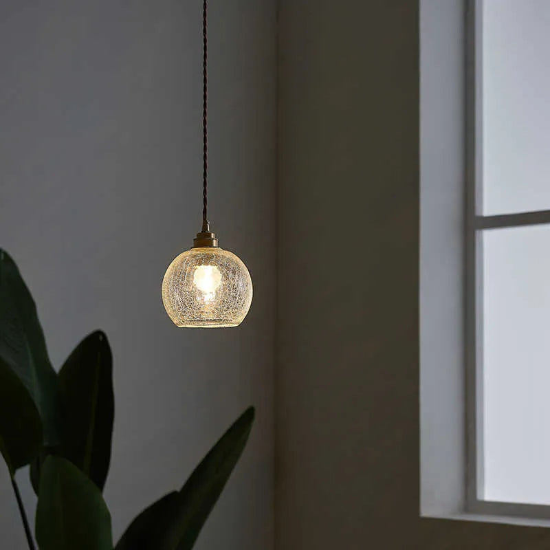 Retro brass glass ball chandelier with copper body and spherical shade in three light colour options