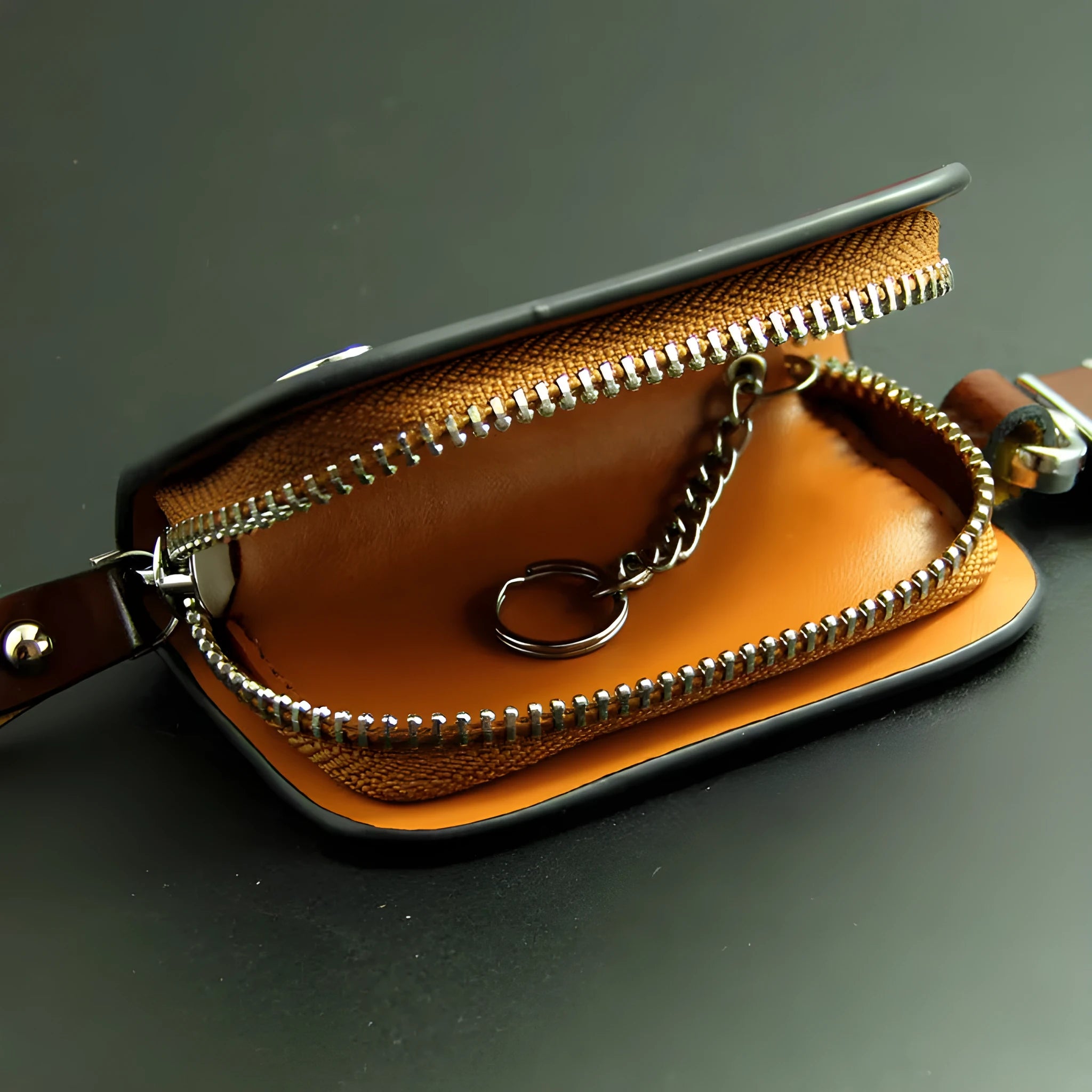 Black and brown genuine leather car key case with frosted finish showing internal dimensions.