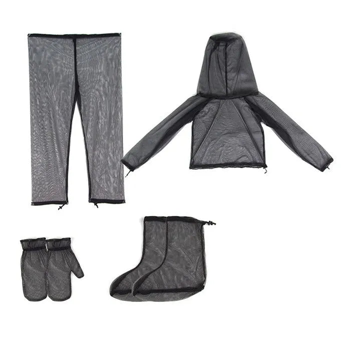 Four-piece mesh anti mosquito suit set with hooded top, pants, and booties for outdoor camping and fishing