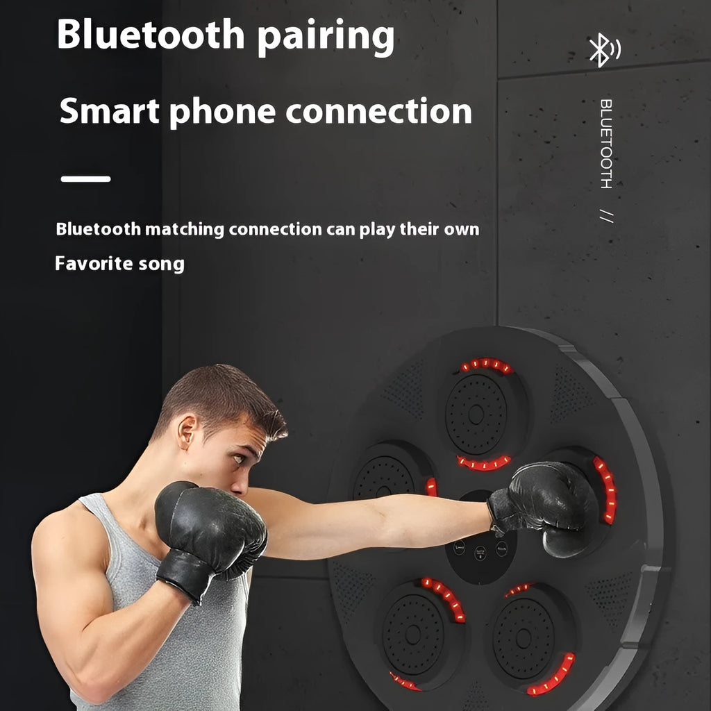 Wall-mounted smart boxing trainer fight sandbag in black colour with blue LED light option, mounted on a wall for martial arts training.