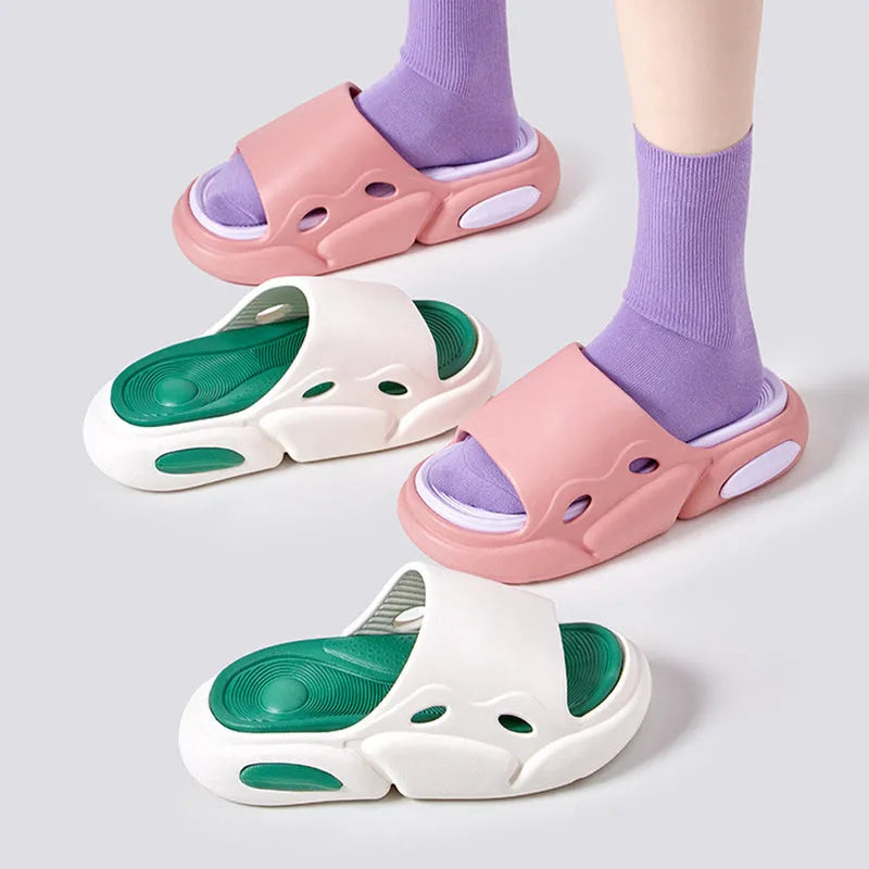 Women's and men's two-colour thick-soled EVA slippers shown in pink purple, white green, and black white colour options.