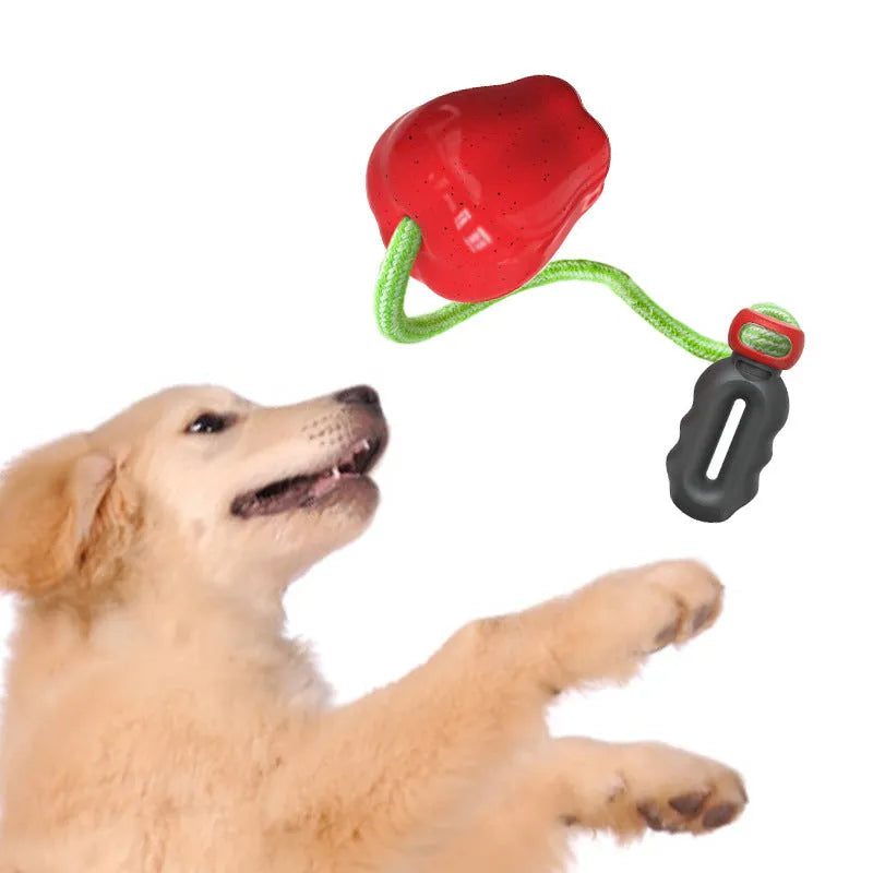 Green apple-shaped plastic dog toy with treat-dropping ball and molar-textured surface