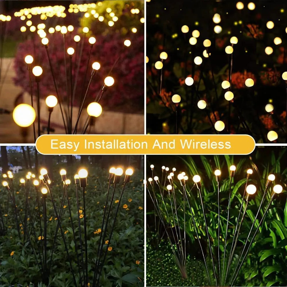 Solar-powered LED firefly ground lights with stainless steel stake for garden installation
