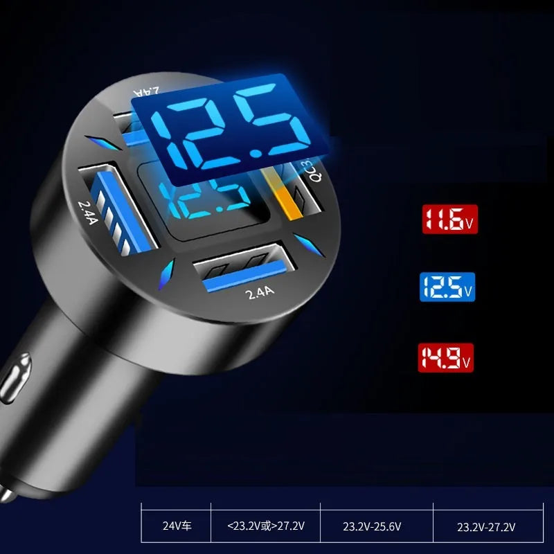 Black four-port USB car charger with LED digital display for 12V and 24V vehicles.