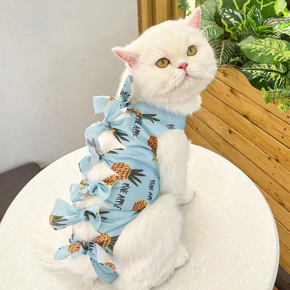 Adjustable lace-up cat sterilisation clothing in polyester fabric showing closure system and colour options