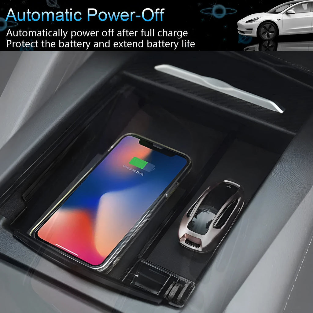 Black ABS wireless charging storage box and QI charging base stand on a desk.