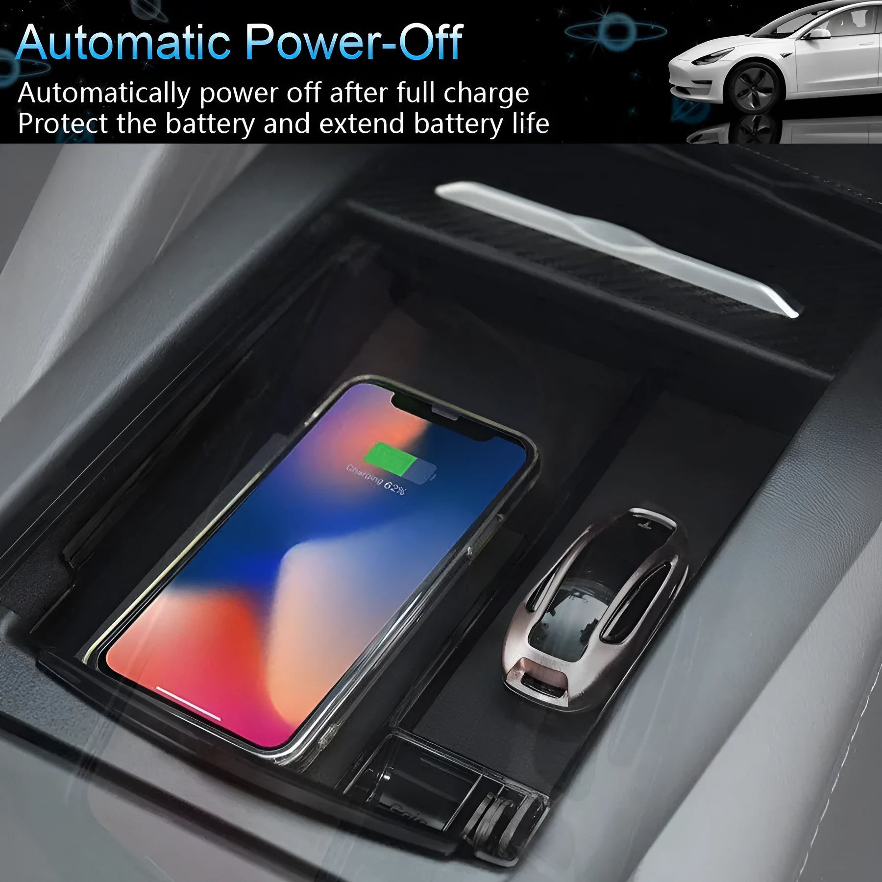 Black ABS wireless charging storage box and QI charging base stand on a desk.