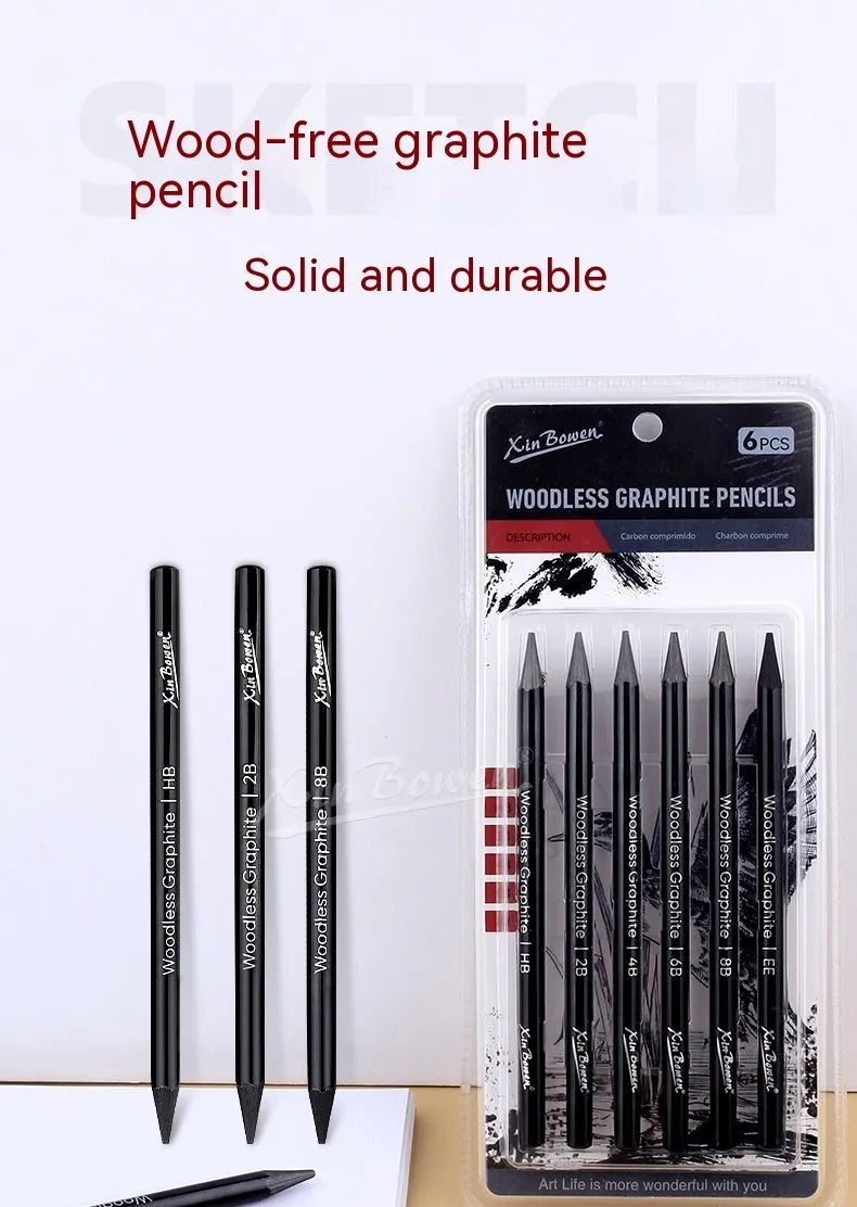 Six wood-free graphite sketching pencils showing different darkness grades from HB to EE