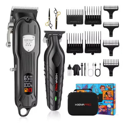 Black professional hair clipper set with LCD display and aluminium foil shaver