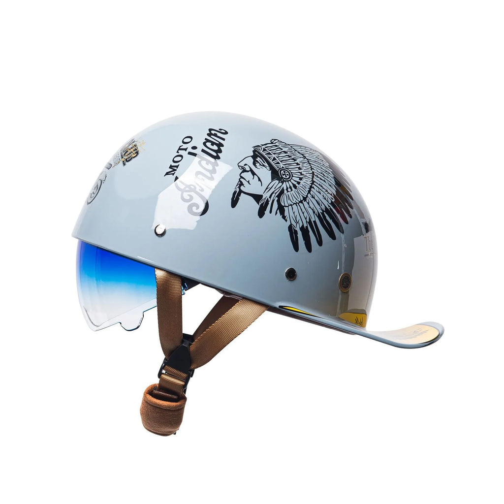 Men's electric bicycle retro half helmet in bright black gradient blue colour with matching gradient blue lens