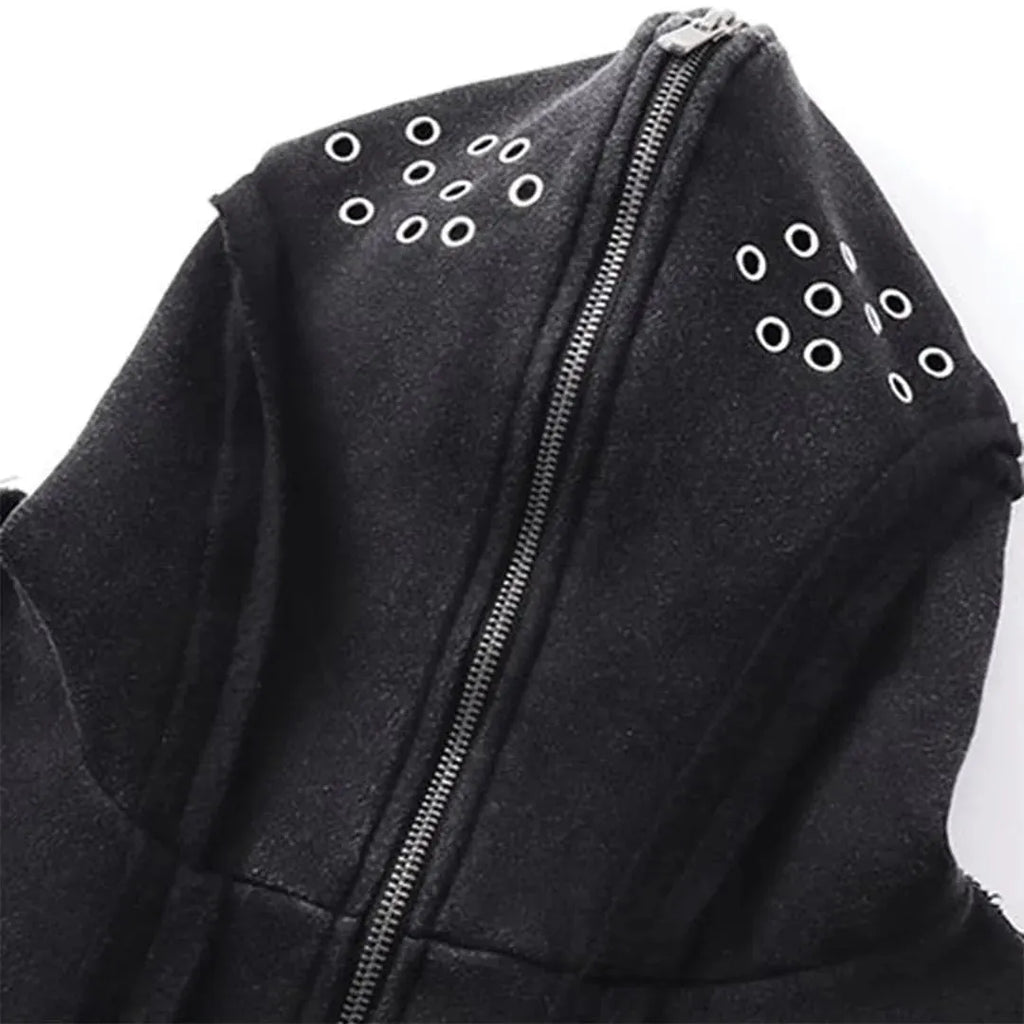 Black men's loose fit cotton padded hooded coat with zip front and abstract pattern.