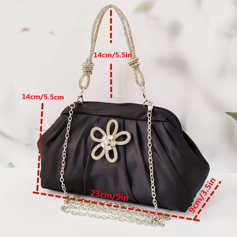 Women's large black polyester dinner bag with chain accents and document compartment, shown with rose red and lavender purple colour options