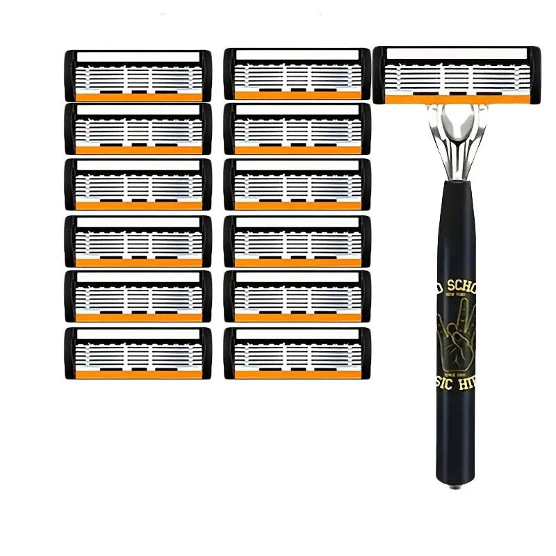 Black manual shaver handle with six-layer replacement blades for beard grooming tools