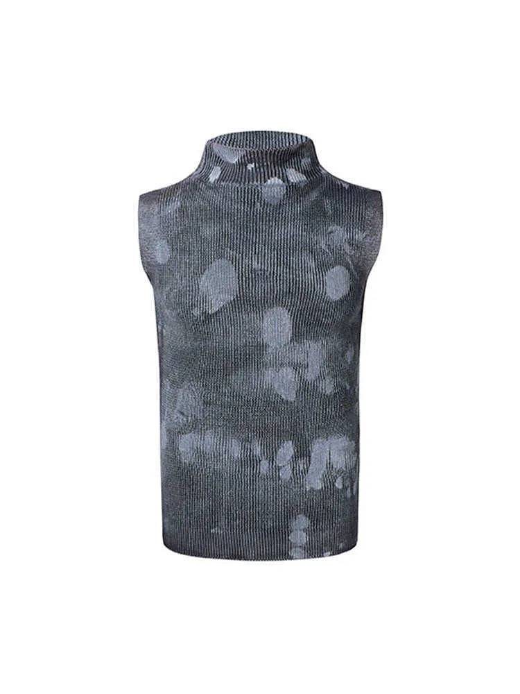 Men's black silver sleeveless t-shirt with stand collar and silver pastebrushing finish