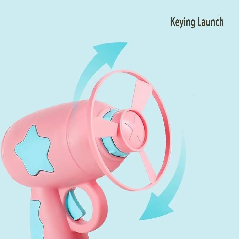 Blue plastic cat toy gun with spinning frisbee launch mechanism for indoor cats
