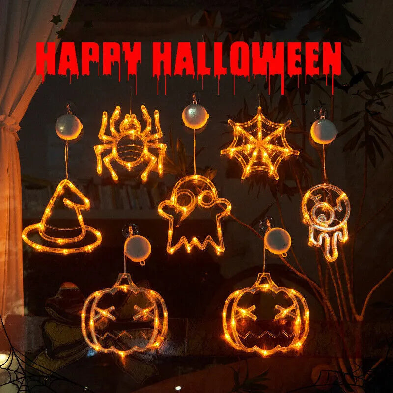 Halloween window hanging LED lights set with seven designs including spiders, pumpkins, and ghosts