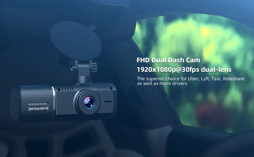 Black dash cam with 1.5-inch screen for car front and rear recording with parking surveillance