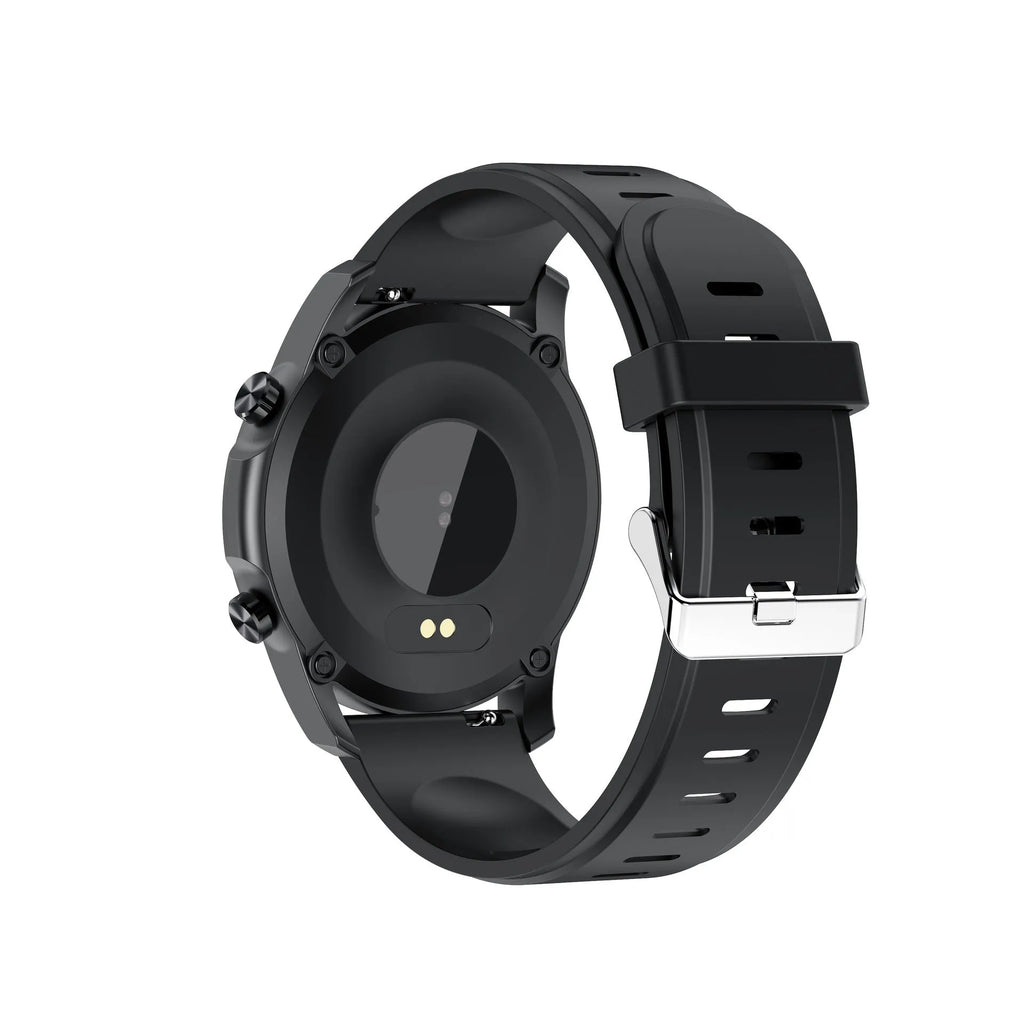 Black smart wristband with body temperature monitoring on a wrist, showing its 1.3-inch screen and zinc alloy case.