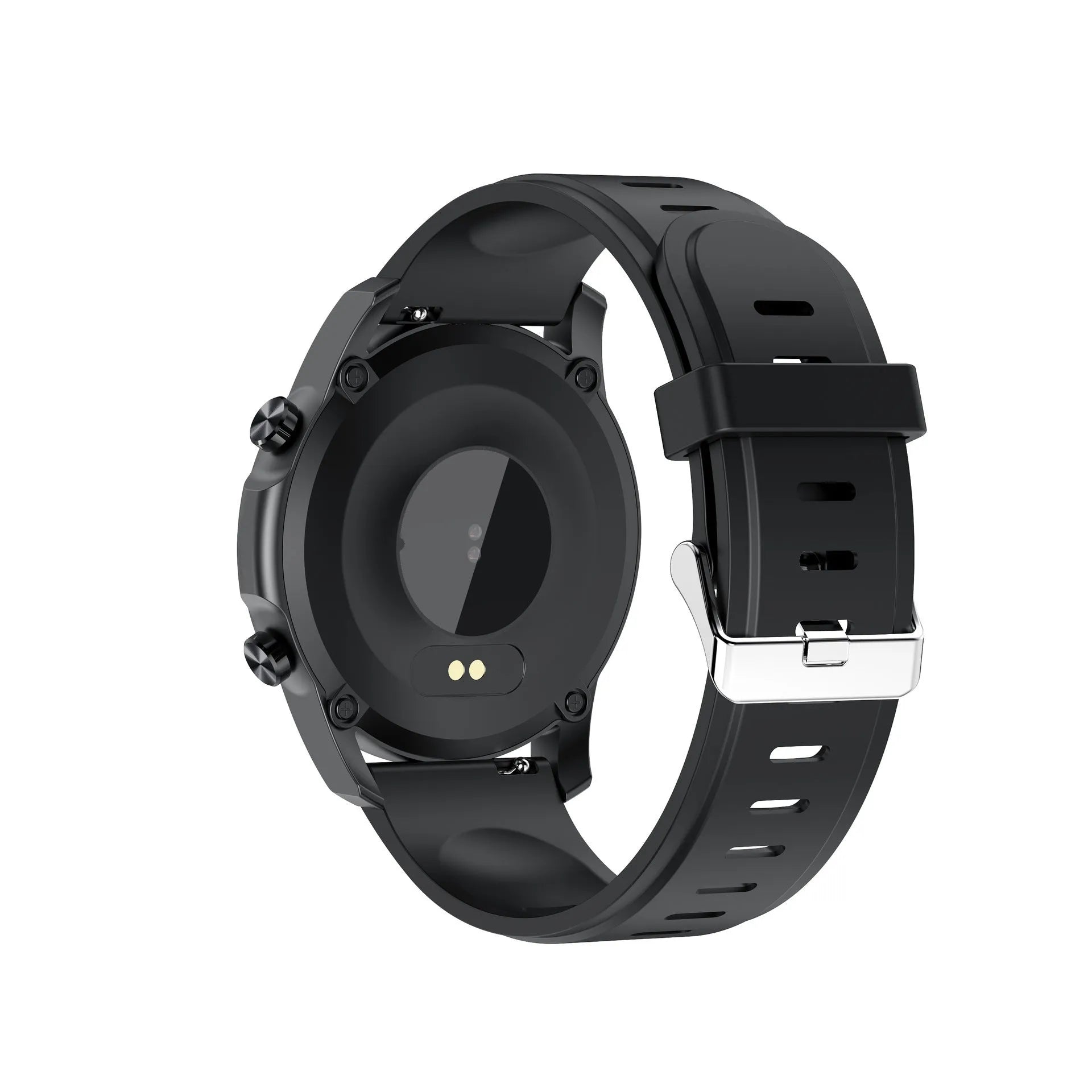 Black smart wristband with body temperature monitoring on a wrist, showing its 1.3-inch screen and zinc alloy case.