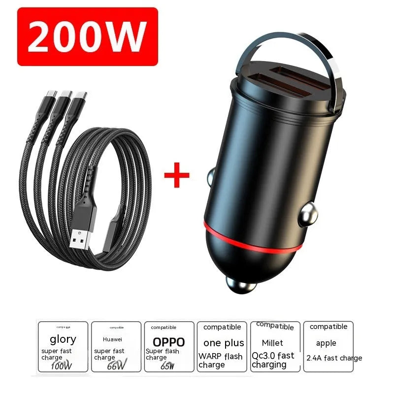 Black zinc alloy 200W car charger showing USB ports and compact design