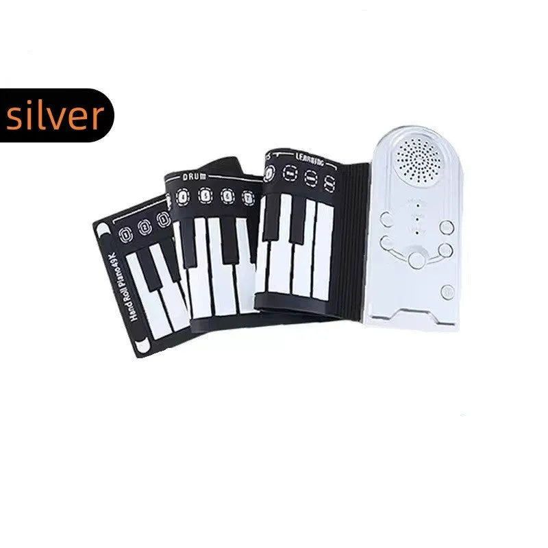 49 key portable folding electronic keyboard in pearl white, showing compact folded size next to unfolded playing position