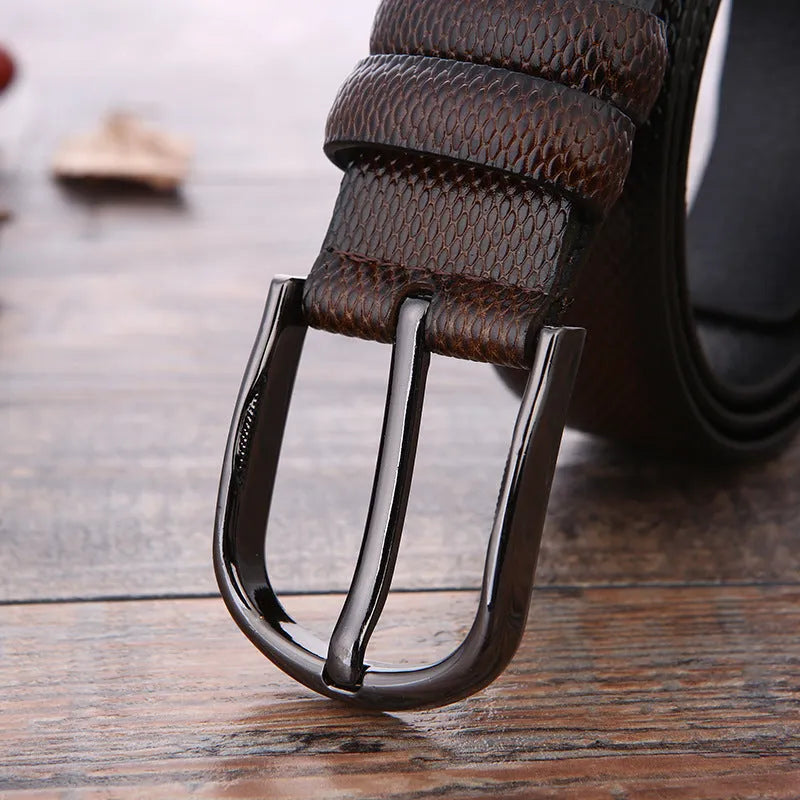Men's imitation leather business belt with alloy pin buckle in elephant pattern design