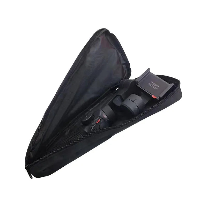 Black cloth storage bag for mobile phone stabilizer with zipped closure and multiple interior compartments